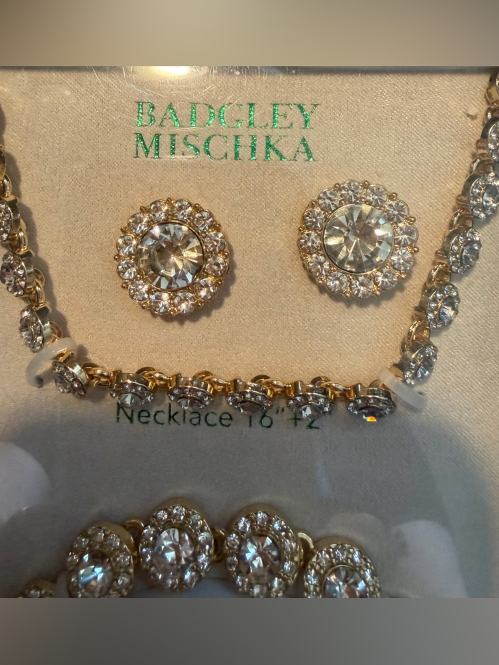 Badgley Mischka Crystal Necklace Bracelet Earrings Set Gold Tone - Picture 3 of 9